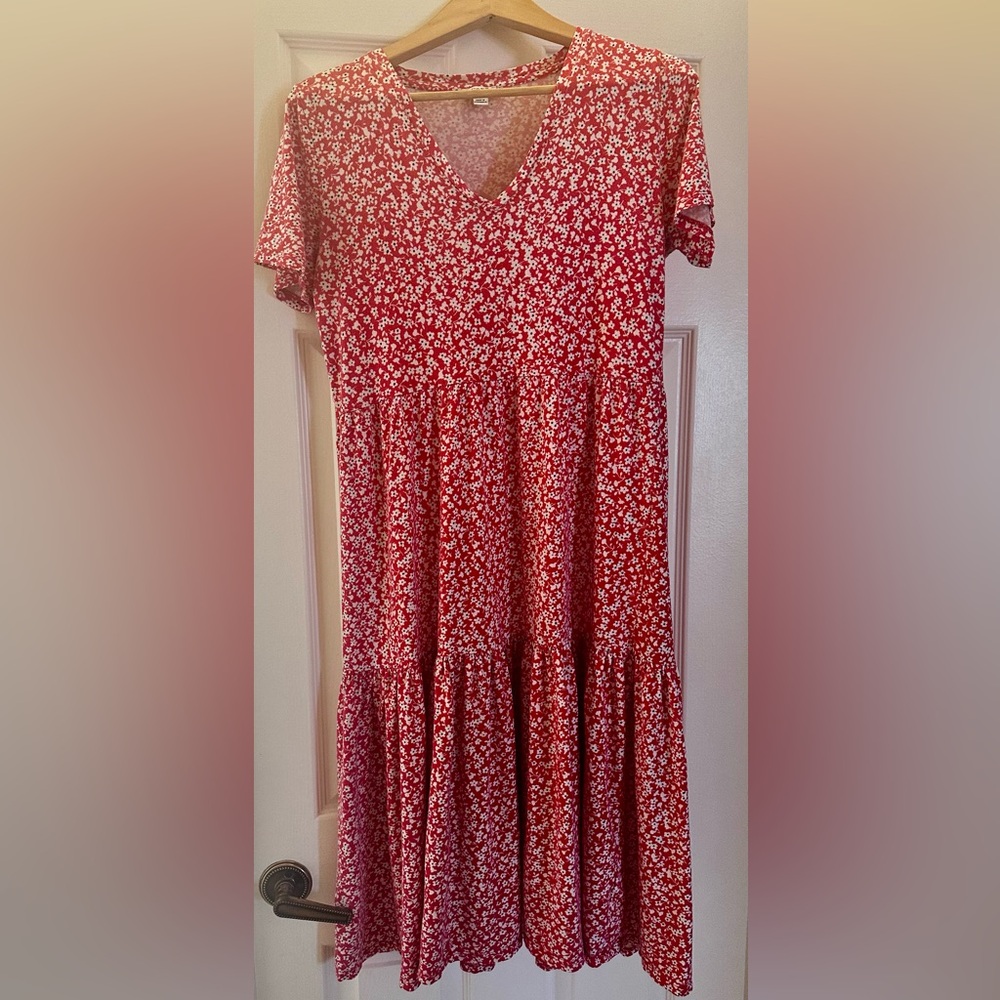 J. Crew Red Floral V-Neck Midi Dress